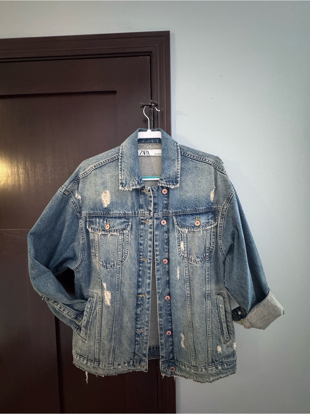 ZARA Men's Light Blue Distressed Denim Jacket